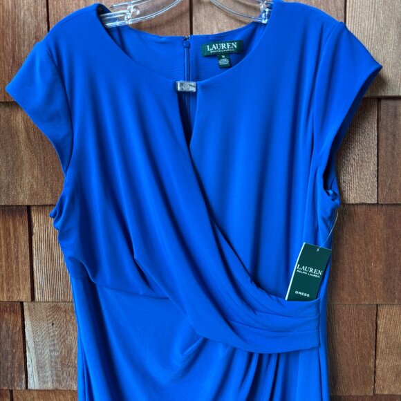NWT Ralph Lauren Blue Ruched Side Cap Sleeve Dress in Women's 16 - Picture 2 of 10